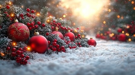 Festive decorations with red ornaments and snow-covered greenery.