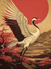 Vintage Japanese Crane Poster in Retro Style © Delly