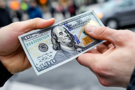 Hyper-detailed close-up of hands exchanging money on the street, showing every texture and fold