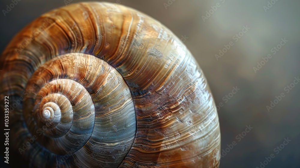Aufkleber A shell with a spiral pattern is shown in a close up. The shell is brown and has a slightly rough texture. Concept of natural beauty and the intricate design of the shell