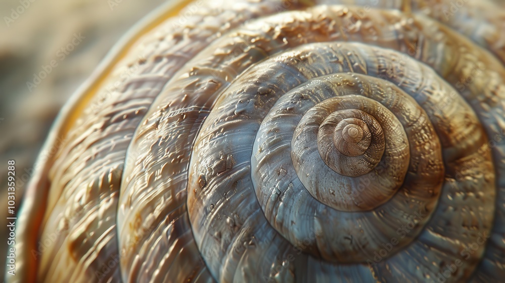 Poster A spiral shell with a brown and tan color. The shell is very detailed and has a lot of texture