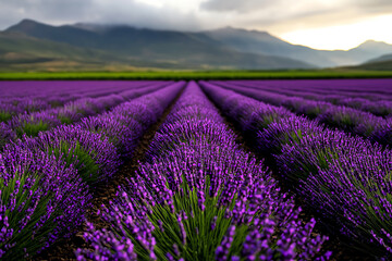 Naklejka premium A top view of a lavender field, where purple flowers create a beautiful pattern across the landscape