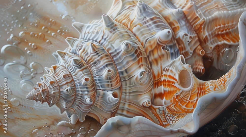 Poster A shell with a hole in the middle of it. The shell is painted in a way that it looks like it is floating in water