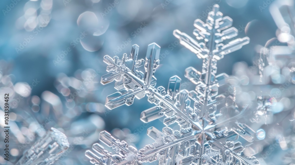 Poster A snowflake is shown in a blue background. The snowflake is clear and has a sharp point at the top. The blue background gives the image a calm and serene mood