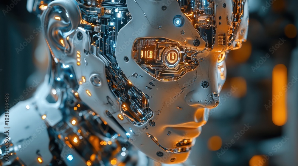 Poster intricate close-up of a robot's circuitry featuring the 3 rules of robotics, showcasing a futuristic