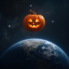 Halloween in Space - Pumpkin Jack-o-Lantern as Moon