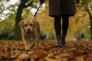 A woman walking her dog in the park, with fallen autumn leaves