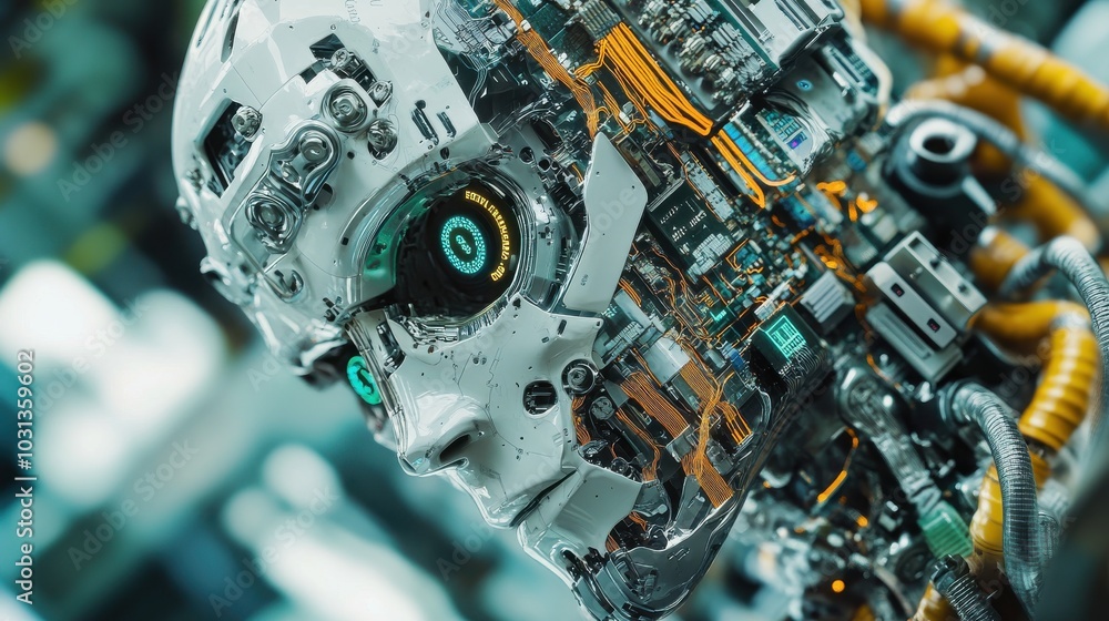 Poster intricate close-up of a robot's circuitry featuring the three laws of robotics in a futuristic desig
