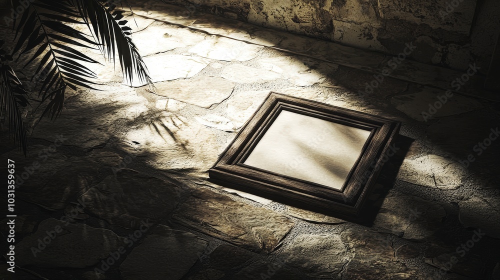 Poster empty picture frame resting on a stone floor under soft light