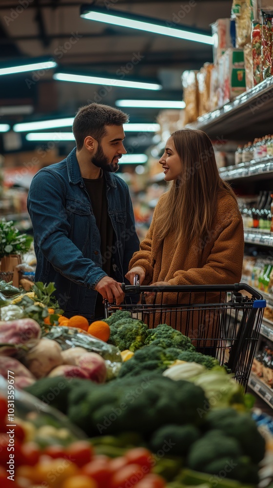 Wall mural a young couple grocery shopping together in a supermarket