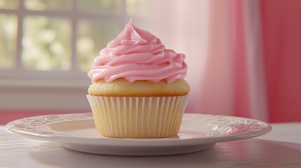 Delicious pink frosted cupcake on a white plate by the window