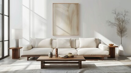 A white couch is in the middle of a room with a large white framed picture on the wall. The room is very clean and has a modern feel to it