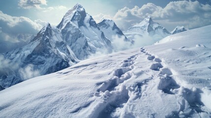 Footprints of climbers lead up to the summit of Everest against a dramatic mountain backdrop at dawn