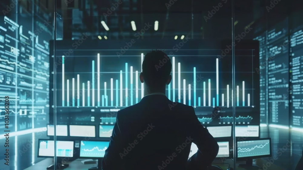 Poster a man is looking at a computer screen with a lot of numbers and graphs. he is wearing a suit and tie