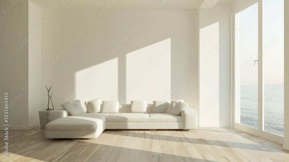 Poster a large white couch sits in a room with a large window overlooking the ocean. the room is very clean