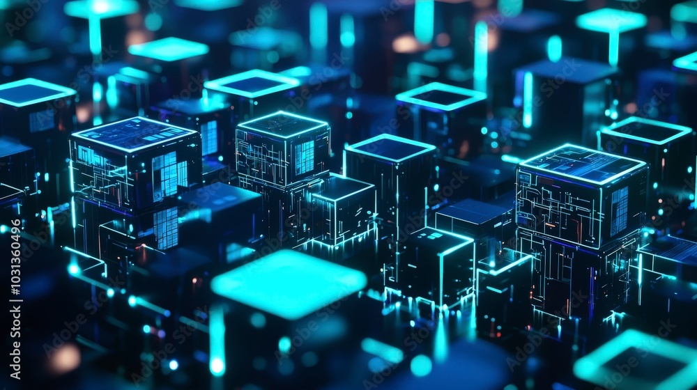 Poster futuristic digital grid with glowing cubes and abstract technology elements