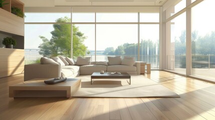 A large white couch is in the middle of a living room with a white rug and a coffee table. The room has a modern and clean design, with a large window that lets in natural light