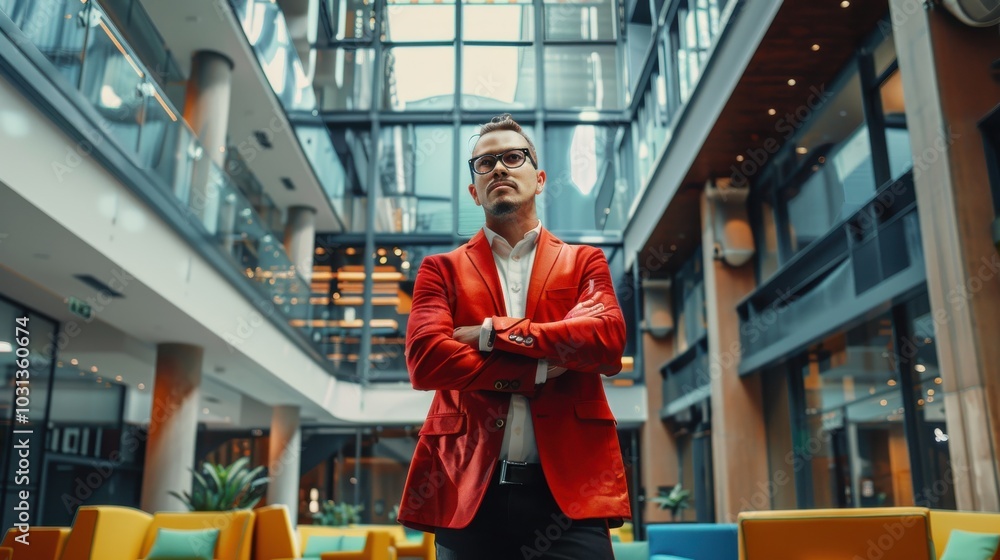 Aufkleber an office worker wearing a bold red blazer poses confidently in a modern workspace with vibrant seat
