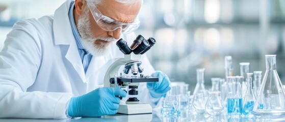 A scientist examines a sample under a microscope in a modern laboratory, surrounded by glassware filled with liquids.