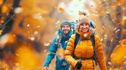 Couple Walking Through Vibrant Autumn Forest