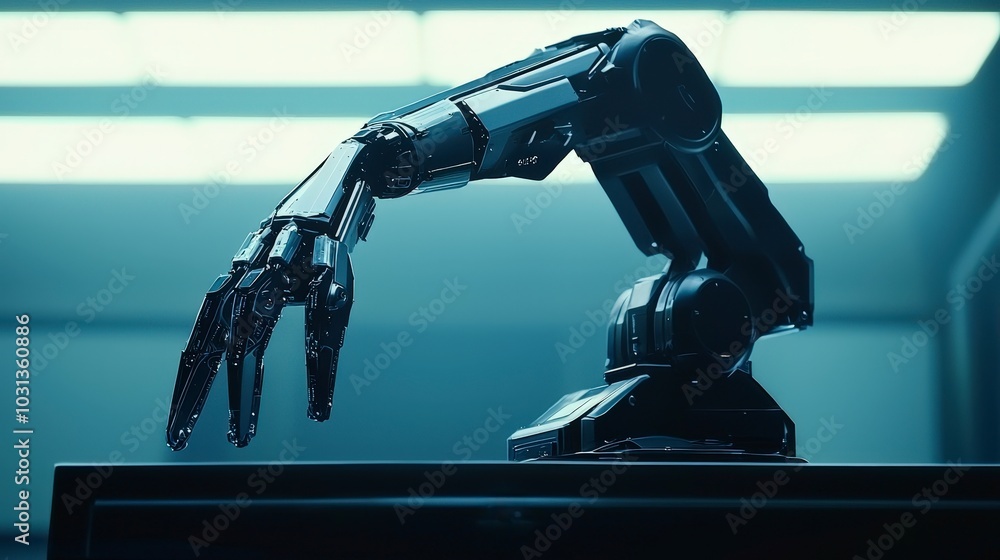Poster futuristic robotic hand on display in a high-tech environment