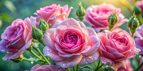 Dew-Kissed Pink Roses in Full Bloom - Vibrant Petals for Nature Lovers