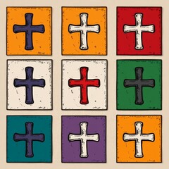 A grid of colored squares featuring various crosses in different hues.