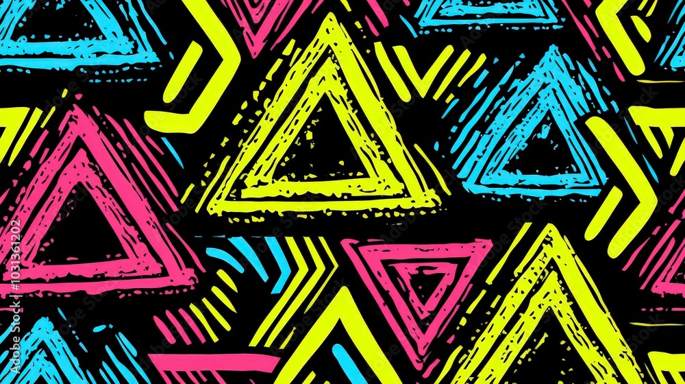 Poster vibrant geometric pattern with colorful triangles on a dark background