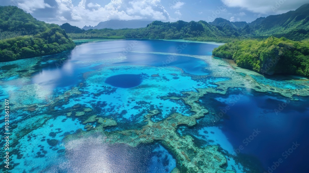 Poster a beautiful blue ocean with a large hole in the middle. the water is calm and clear. the sky is blue
