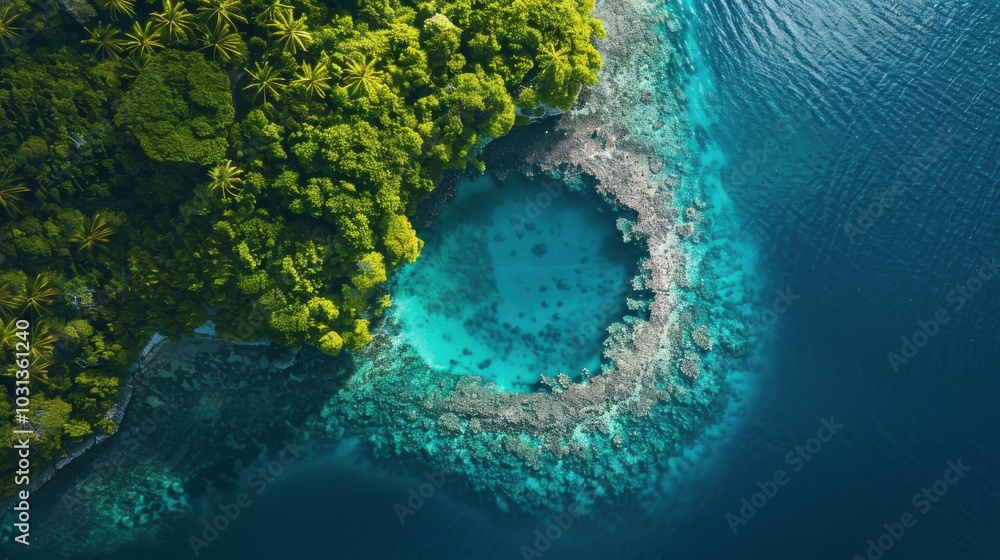 Poster a blue ocean with a green island in the middle. the island is surrounded by water and has a large ho