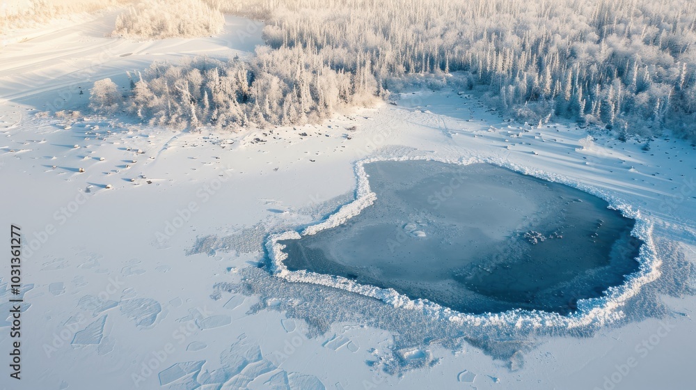 Poster a frozen lake with a small pond in the middle. the pond is surrounded by ice and snow