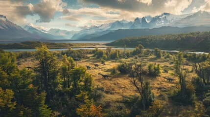Obraz premium Aerial view of ancient Patagonia showcasing a herd of dinosaurs roaming through lush forests during the prehistoric era