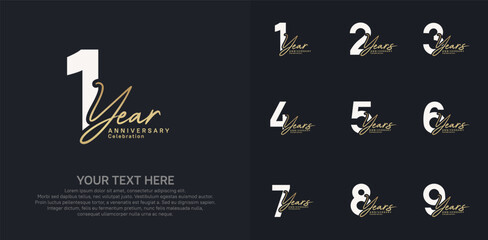 Anniversary logo set vector design, white and golden color for celebration event