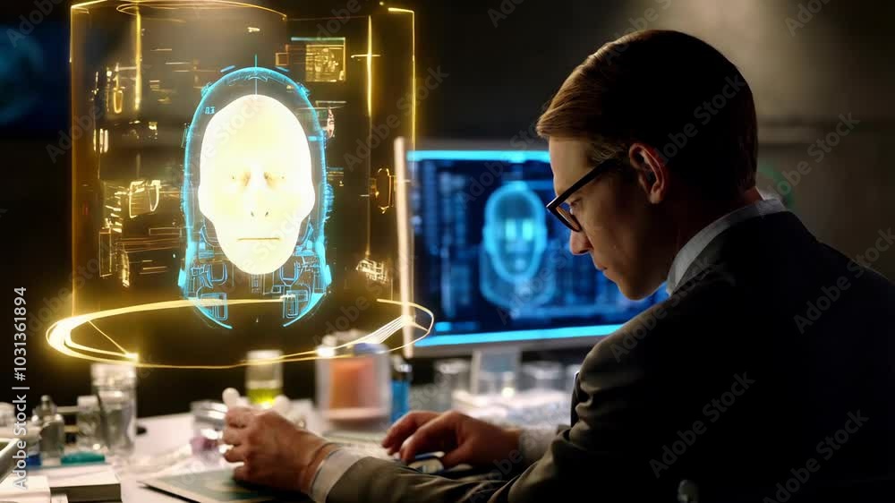 Aufkleber a scientist analyzes a holographic head model in a high-tech lab setting.