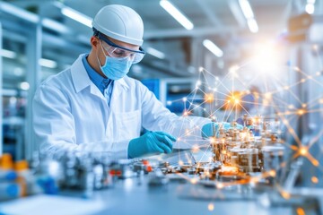 A scientist in protective gear working with equipment in a laboratory, showcasing innovation and precision in research.