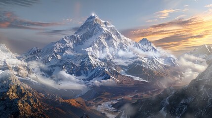 A breathtaking view of Mount Everest bathed in golden sunlight at dawn, showcasing its majestic peaks and surrounding clouds