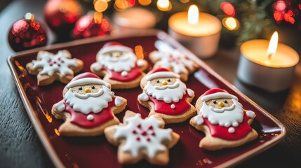 Obraz premium Festive christmas cookies decorated with santa claus and snowflakes