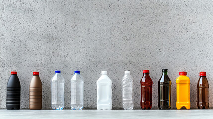 A side view of recycled plastic products, like bottles and packaging, lined up next to new plastic items to show the cycle of reuse