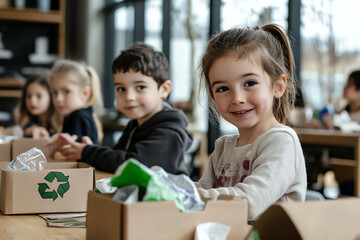 Fototapeta premium A front view of children learning about recycling in a classroom, with models of recyclable waste and instructions on how to recycle properly