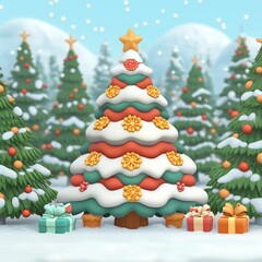 A whimsical, snow-covered Christmas tree surrounded by festive decorations.