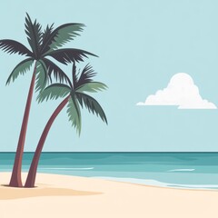 Fototapeta premium A serene beach scene with palm trees and a calm ocean under a light cloud.