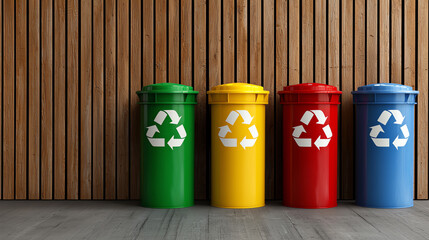 A front view of a recycling dropoff station, where people can bring sorted recyclables like plastic, paper, and metal