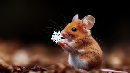 A small brown mouse holding a delicate snowflake.