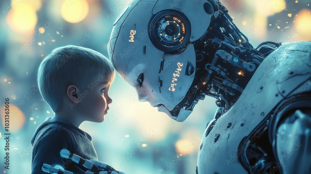Poster a robot and a child are standing next to each other