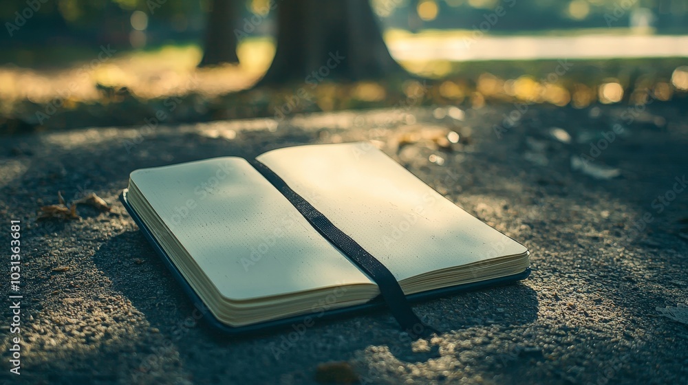 Poster an open notebook lying on the ground under a tree's shade
