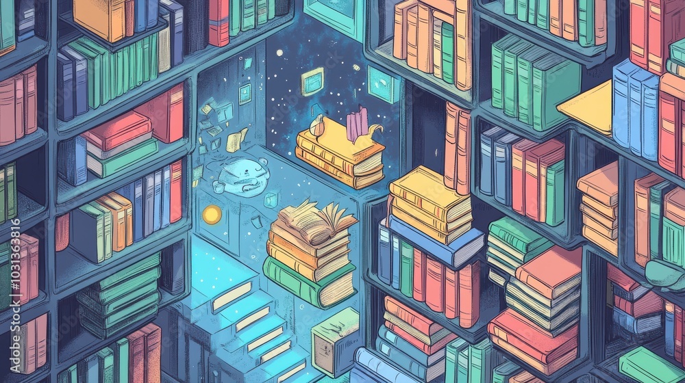 Aufkleber a colorful bookcase with a cat on top of it
