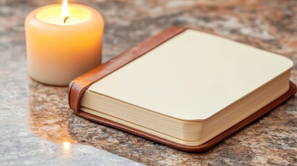 Fototapeta premium Serene scene with a candle and an empty notebook on a table