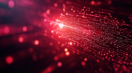Abstract red technology background with glowing particles and data streams.