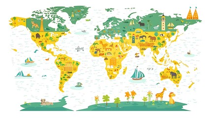 World Map Illustration With Animals And Landmarks