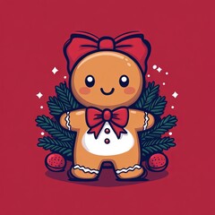 Obraz premium A cheerful gingerbread man with a red bow, surrounded by festive greenery.